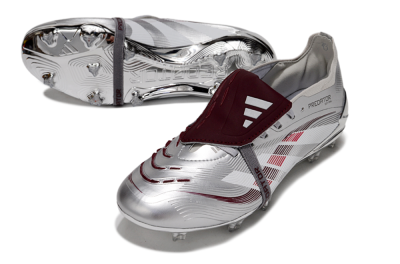 Unisex Adidas Predator 25 Elite Foldover Tongue FG Firm Ground Low-Tops Football Boots - Silver/Red/White