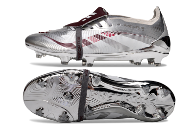 Unisex Adidas Predator 25 Elite Foldover Tongue FG Firm Ground Low-Tops Football Boots - Silver/Red/White