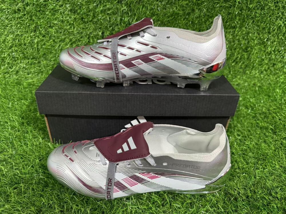 Unisex Adidas Predator 25 Elite Foldover Tongue FG Firm Ground Low-Tops Football Boots - Silver/Red/White
