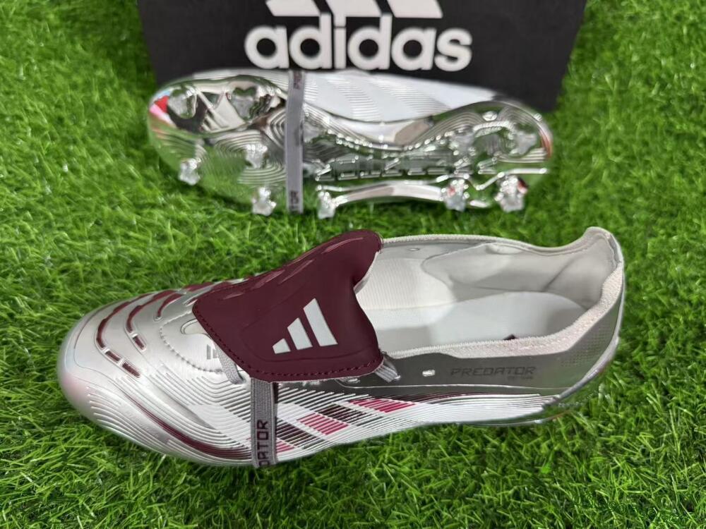 Unisex Adidas Predator 25 Elite Foldover Tongue FG Firm Ground Low-Tops Football Boots - Silver/Red/White
