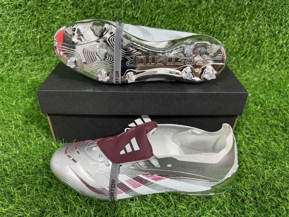 Unisex Adidas Predator 25 Elite Foldover Tongue FG Firm Ground Low-Tops Football Boots - Silver/Red/White