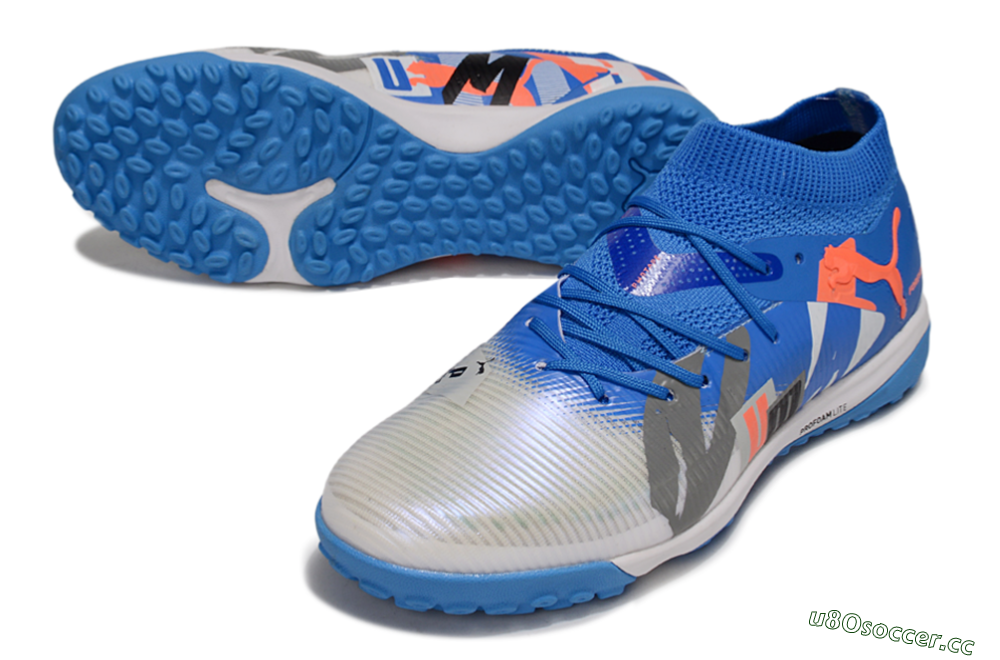 Men's Puma Future 8 Ultimate TF Artificial Turf Low-Tops Football Shoes - Blue/White/Orange 3