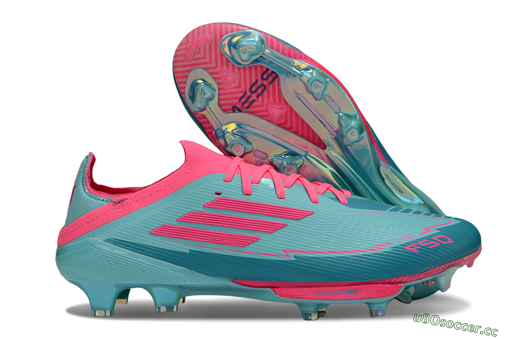 Men's Messi x Adidas F50+ Elite Lightstrike Pro Laceless FG Firm Ground Low-Tops Football Boots - Jade/Pink 2