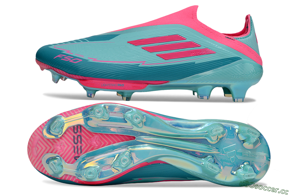 Men's Messi x Adidas F50+ Elite Lightstrike Pro Laceless FG Firm Ground Low-Tops Football Boots - Jade/Pink 1