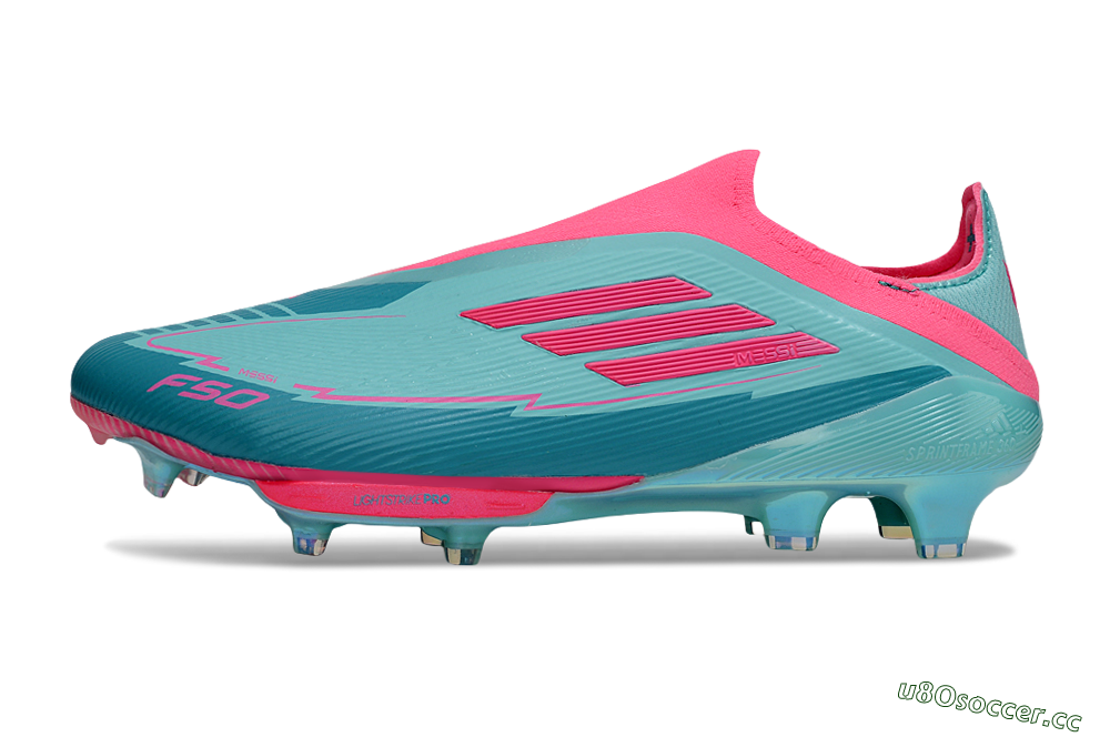 Men's Messi x Adidas F50+ Elite Lightstrike Pro Laceless FG Firm Ground Low-Tops Football Boots - Jade/Pink 0