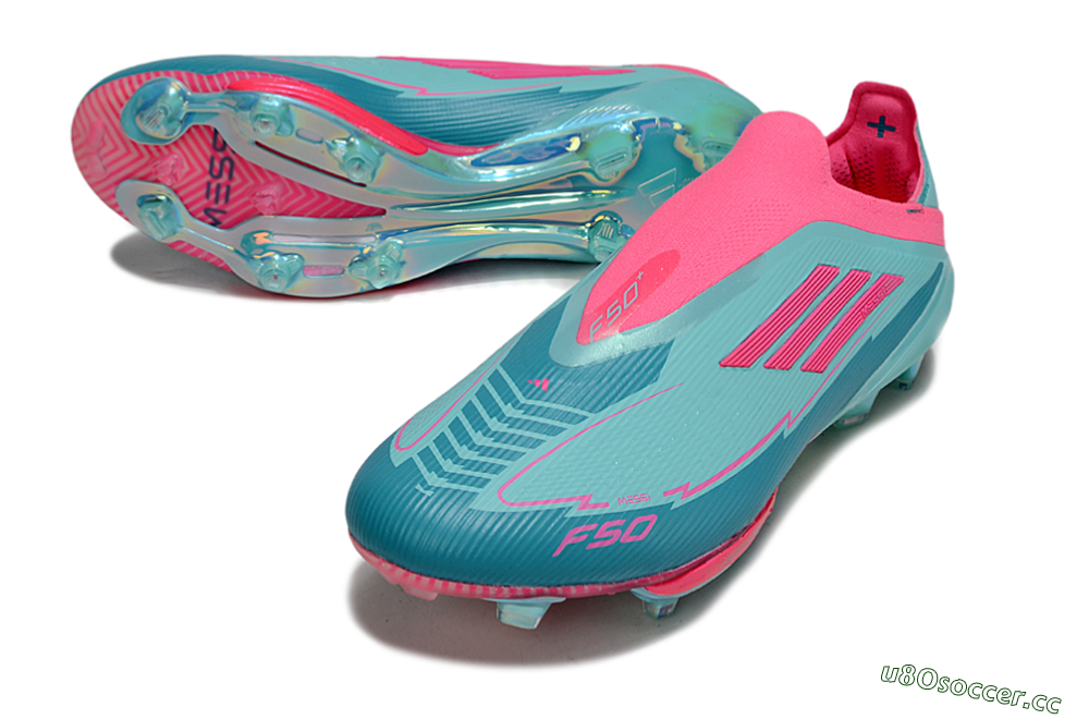 Men's Messi x Adidas F50+ Elite Lightstrike Pro Laceless FG Firm Ground Low-Tops Football Boots - Jade/Pink 3
