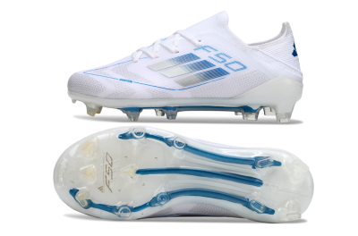Kids Adidas F50 Elite FG Firm Ground Low-Tops Football Boots - White/Blue/Silver
