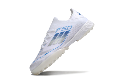 Kids Adidas F50 Elite TF Artificial Turf Low-Tops Football Shoes - White/Blue/Silver