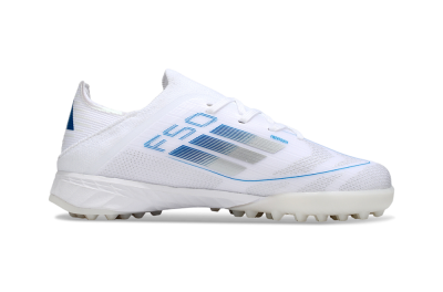Kids Adidas F50 Elite TF Artificial Turf Low-Tops Football Shoes - White/Blue/Silver