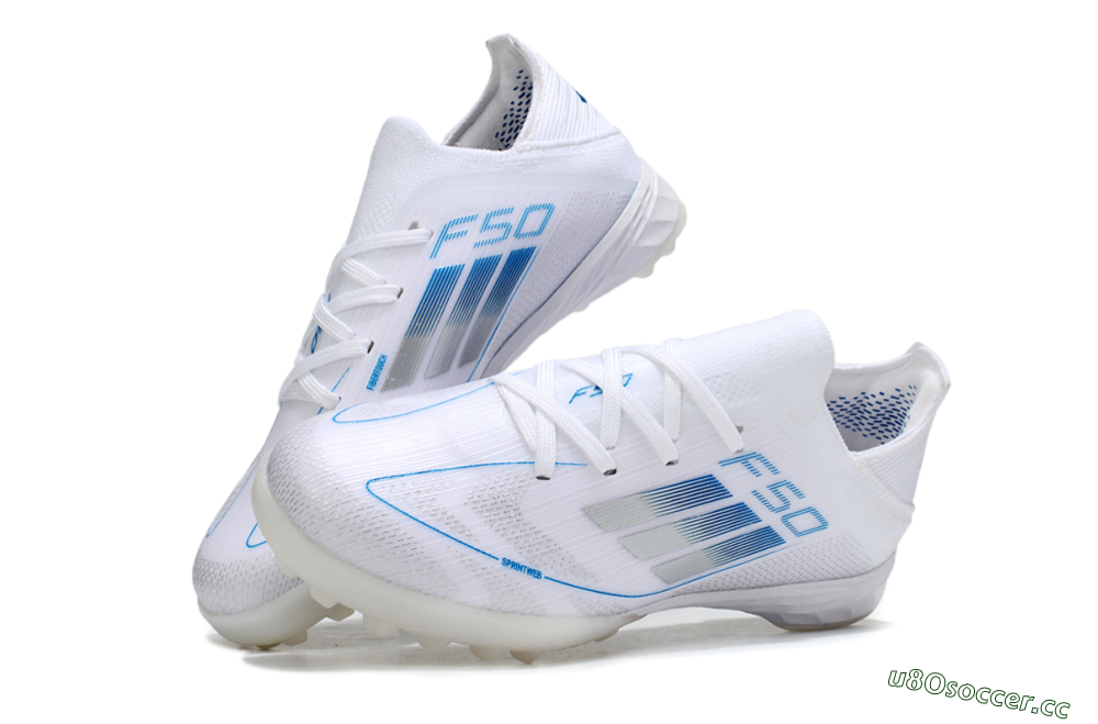 Kids Adidas F50 Elite TF Artificial Turf Low-Tops Football Shoes - White/Blue/Silver 0