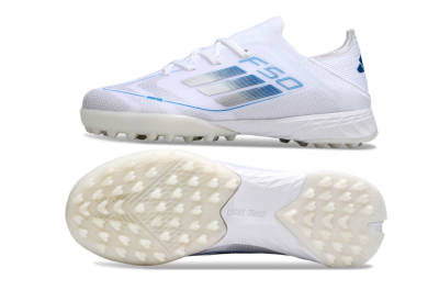 Kids Adidas F50 Elite TF Artificial Turf Low-Tops Football Shoes - White/Blue/Silver