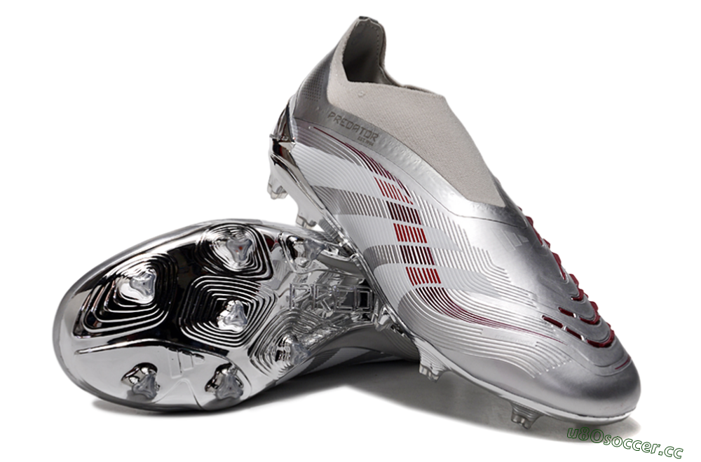 Unisex Adidas Predator 25 Elite Laceless FG Firm Ground Low-Tops Football Boots - Silver/Red/Grey 4