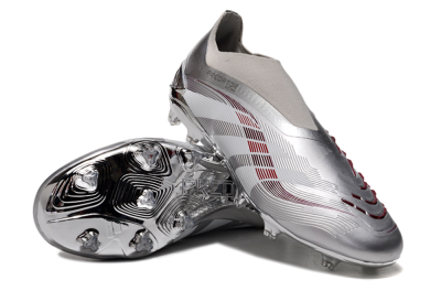 Unisex Adidas Predator 25 Elite Laceless FG Firm Ground Low-Tops Football Boots - Silver/Red/Grey