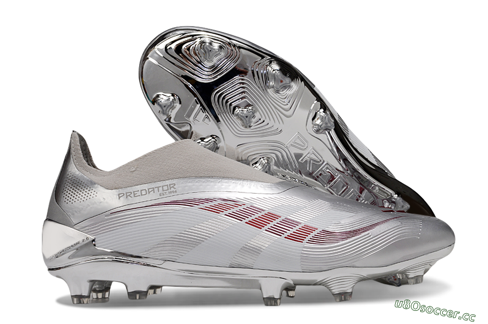 Unisex Adidas Predator 25 Elite Laceless FG Firm Ground Low-Tops Football Boots - Silver/Red/Grey 2