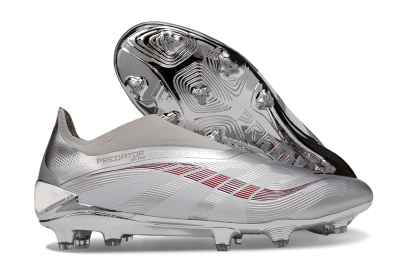 Unisex Adidas Predator 25 Elite Laceless FG Firm Ground Low-Tops Football Boots - Silver/Red/Grey
