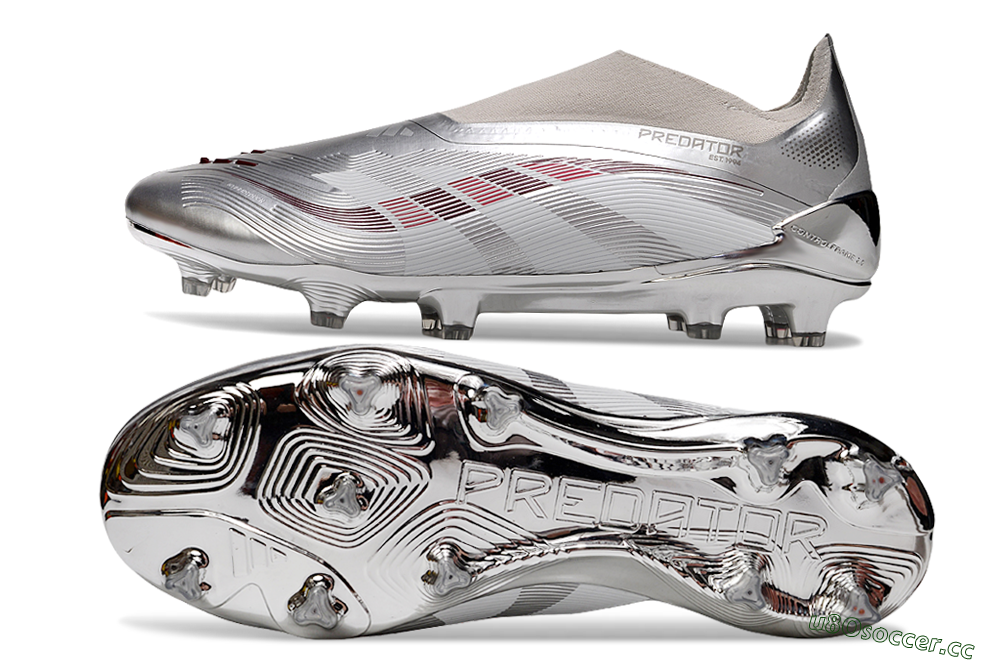 Unisex Adidas Predator 25 Elite Laceless FG Firm Ground Low-Tops Football Boots - Silver/Red/Grey 1