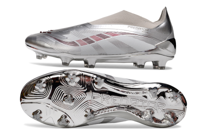 Unisex Adidas Predator 25 Elite Laceless FG Firm Ground Low-Tops Football Boots - Silver/Red/Grey