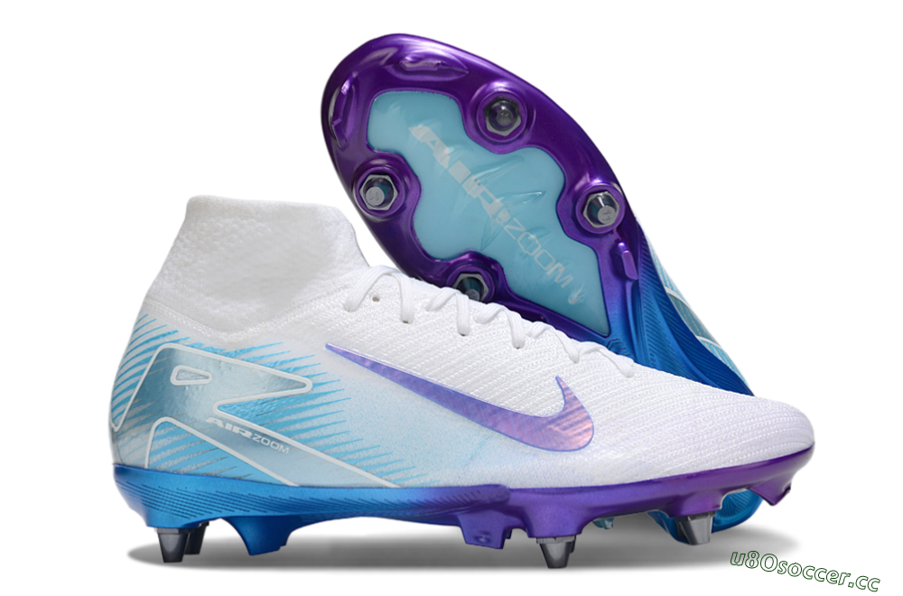 Men's Nike Air Zoom Mercurial Superfly 10 Elite FG Firm Ground High-Tops Football Boots - White/Purple/Blue 2