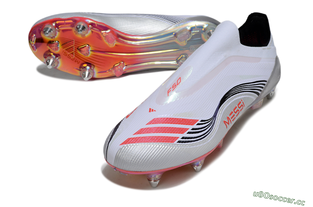 Men's Messi x Adidas F50 Elite Laceless SG Soft Ground Low-Tops Football Boots - White/Red/Black 3