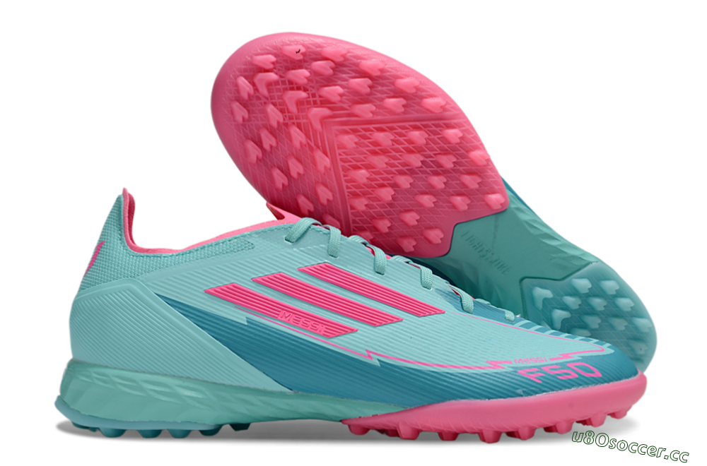 Men's Messi x Adidas F50 Pro TF Artificial Turf Low-Tops Football Shoes - Jade/Pink 2