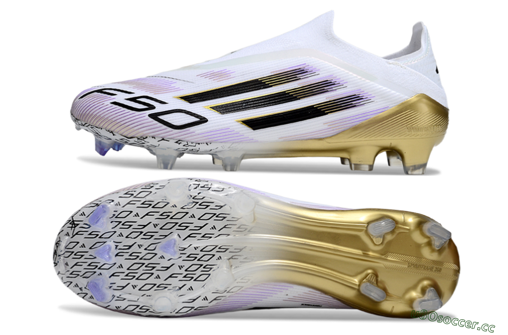 Unisex Adidas F50 Elite Laceless FG Firm Ground Low-Tops Football Boots - White/Purple/Gold 1