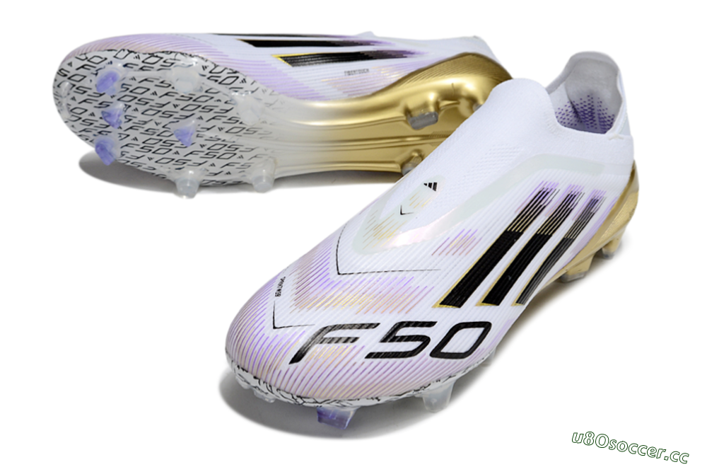 Unisex Adidas F50 Elite Laceless FG Firm Ground Low-Tops Football Boots - White/Purple/Gold 3