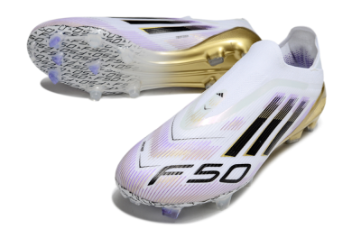 Unisex Adidas F50 Elite Laceless FG Firm Ground Low-Tops Football Boots - White/Purple/Gold
