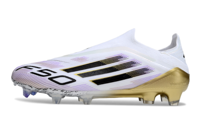 Unisex Adidas F50 Elite Laceless FG Firm Ground Low-Tops Football Boots - White/Purple/Gold