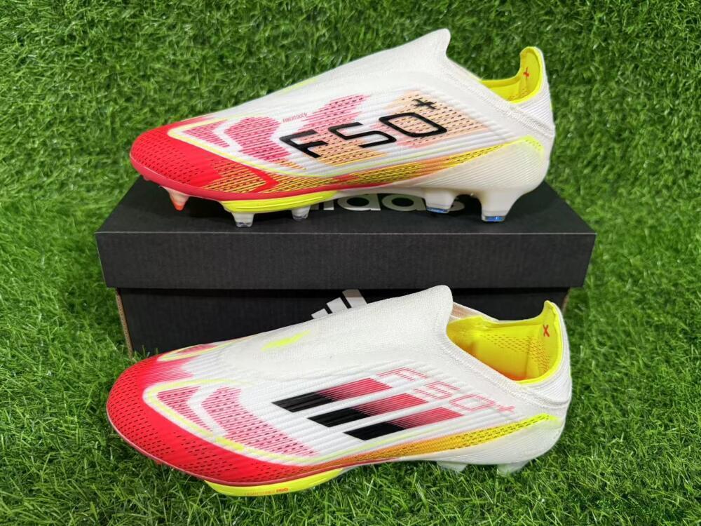 Unisex Adidas F50+ Elite Lightstrike Pro Laceless FG Firm Ground Low-Tops Football Boots - White/Red/Yellow