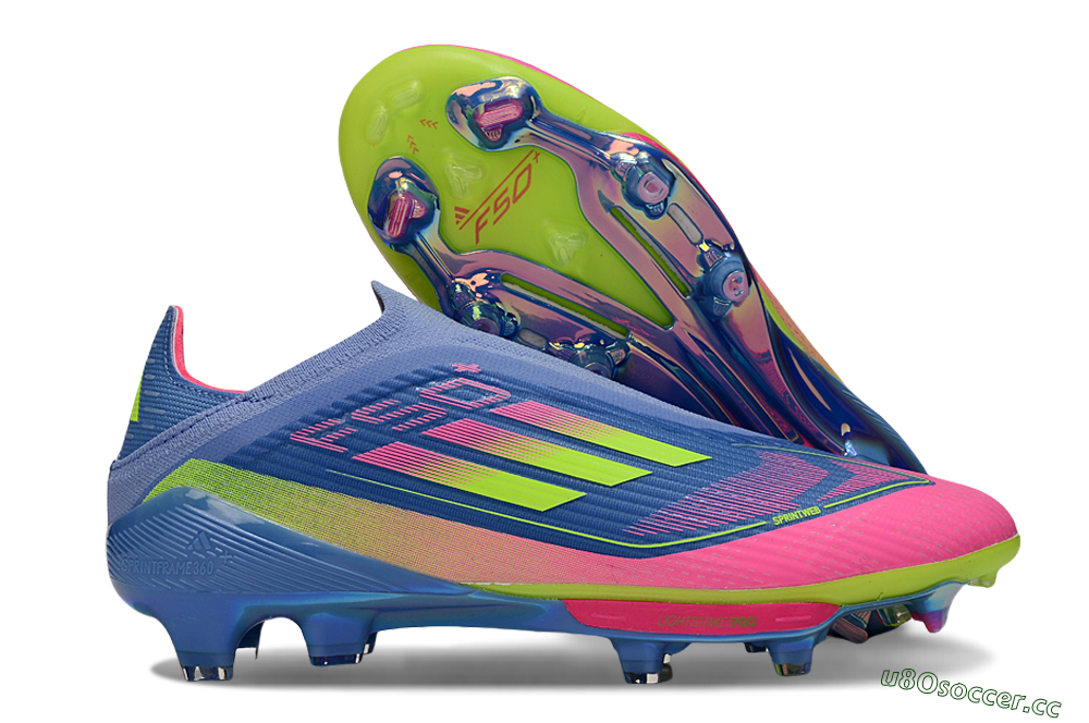 Unisex Adidas F50+ Elite Lightstrike Pro Laceless FG Firm Ground Low-Tops Football Boots - Blue/Pink/Yellow 2