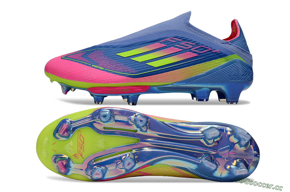 Unisex Adidas F50+ Elite Lightstrike Pro Laceless FG Firm Ground Low-Tops Football Boots - Blue/Pink/Yellow 1