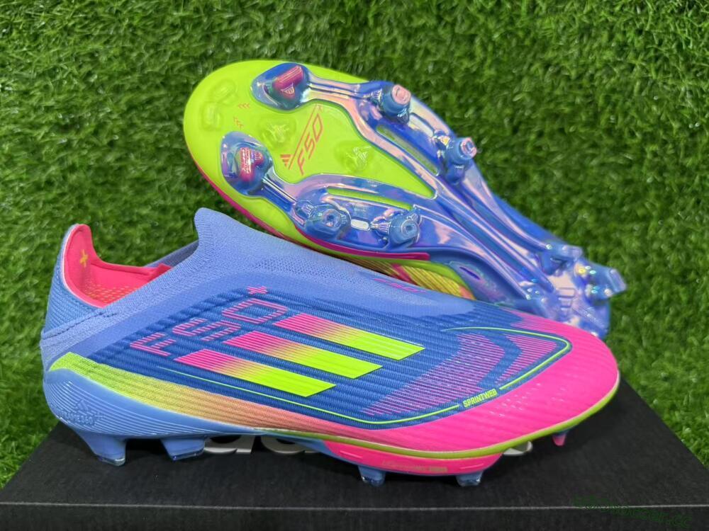 Unisex Adidas F50+ Elite Lightstrike Pro Laceless FG Firm Ground Low-Tops Football Boots - Blue/Pink/Yellow