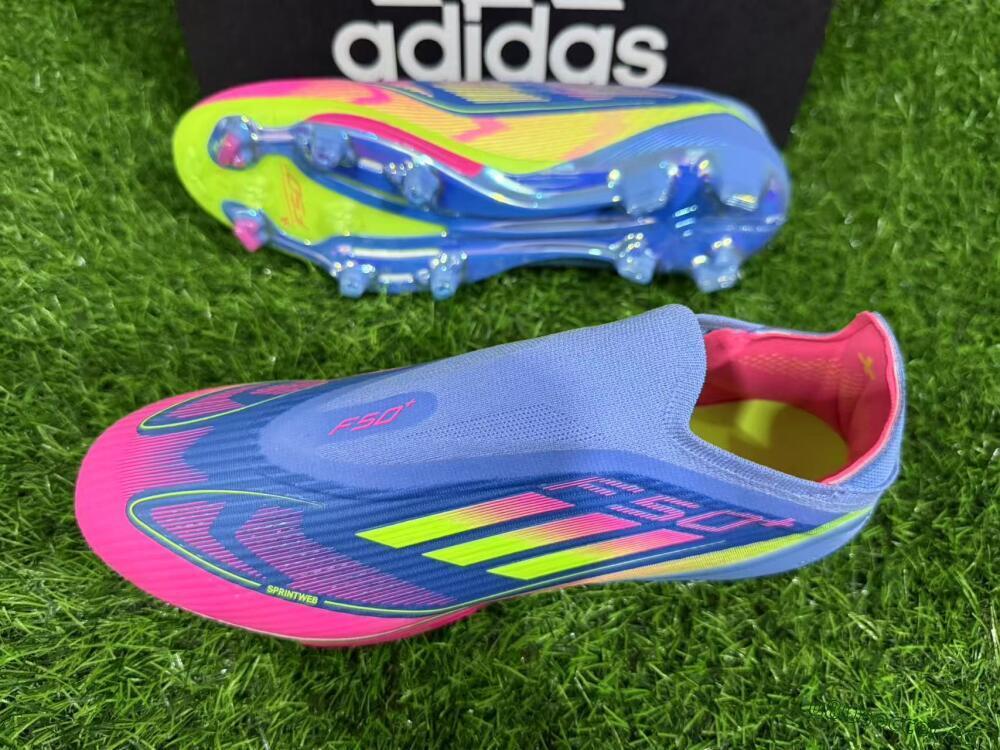 Unisex Adidas F50+ Elite Lightstrike Pro Laceless FG Firm Ground Low-Tops Football Boots - Blue/Pink/Yellow