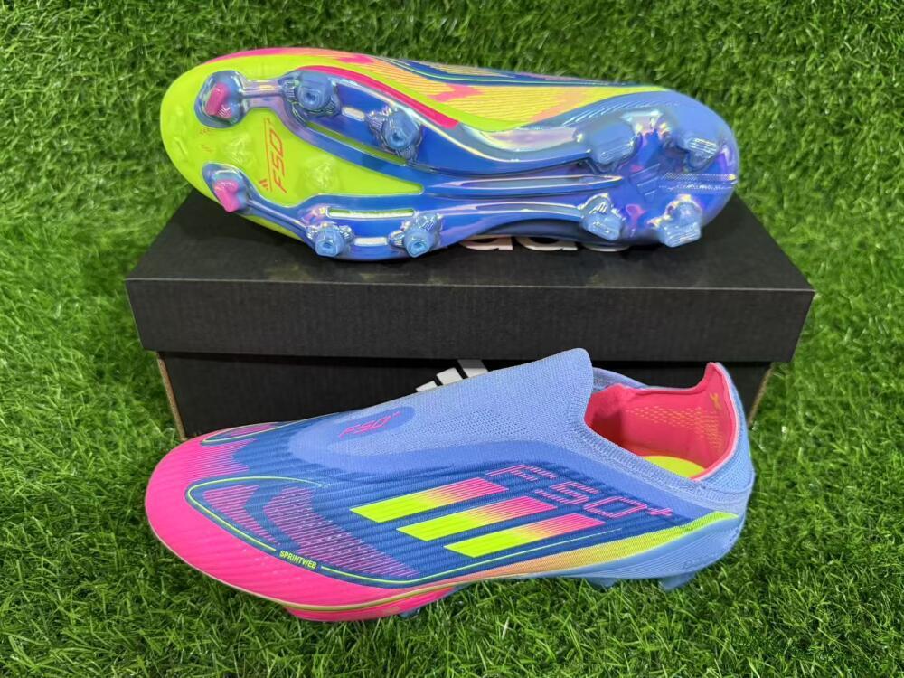 Unisex Adidas F50+ Elite Lightstrike Pro Laceless FG Firm Ground Low-Tops Football Boots - Blue/Pink/Yellow