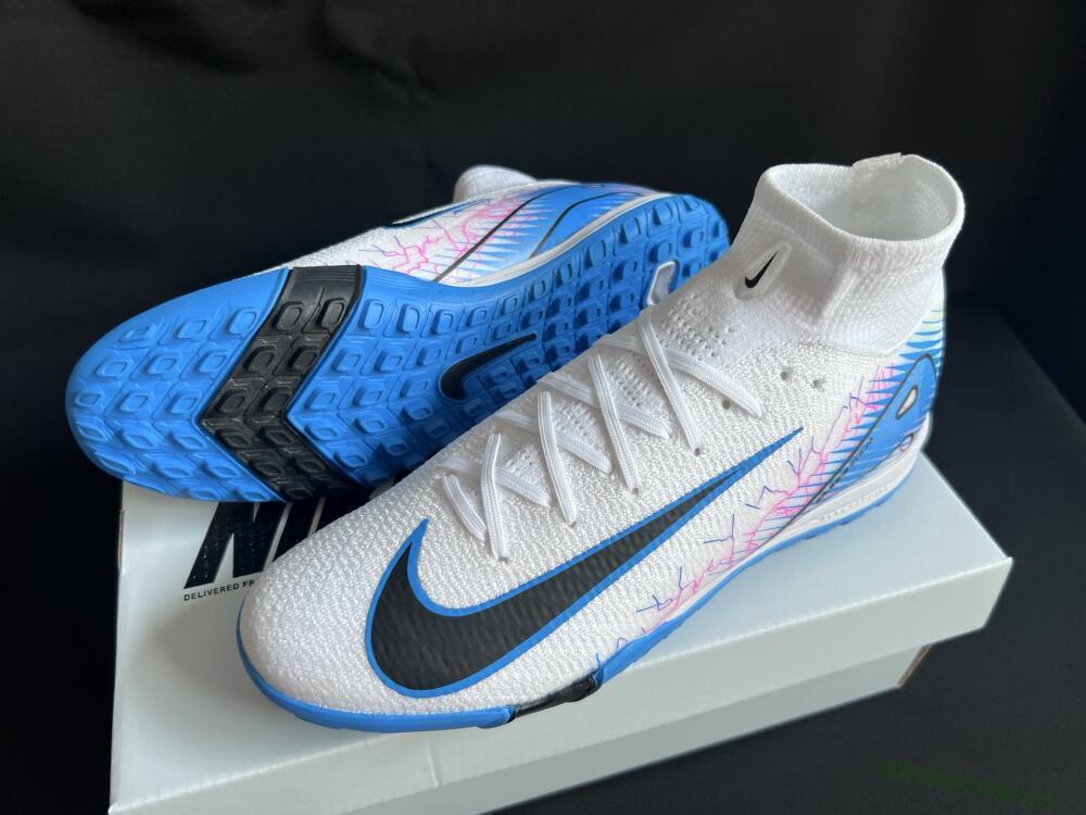 Unisex Nike Air Zoom Mercurial Superfly 10 Elite TF Artificial Turf High-Tops Football Shoes - White/Blue/Black