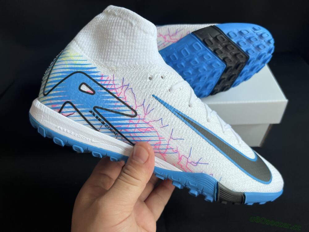 Unisex Nike Air Zoom Mercurial Superfly 10 Elite TF Artificial Turf High-Tops Football Shoes - White/Blue/Black