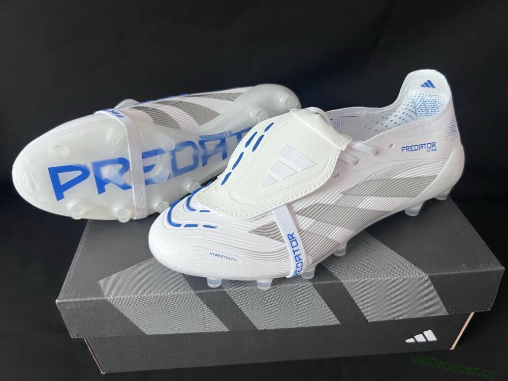 Men's Adidas Predator 25 Foldover Tongue FG Firm Ground Low-Tops Football Boots - White/Silver/Blue