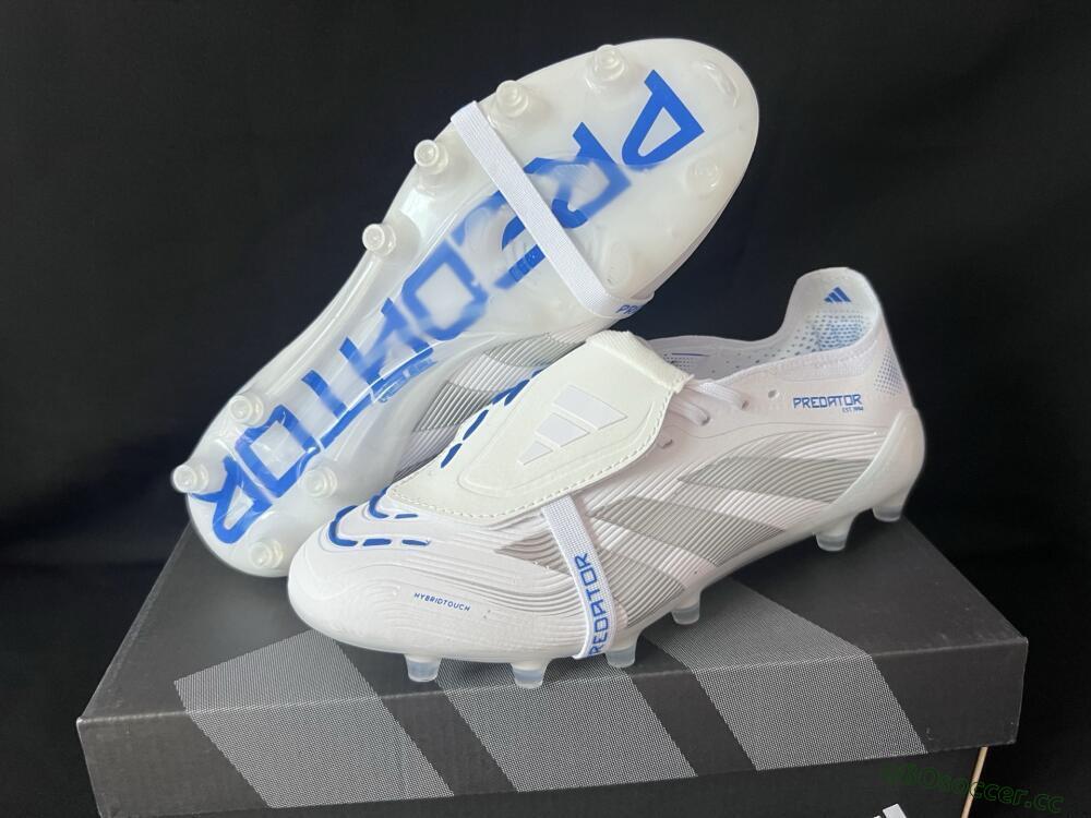 Men's Adidas Predator 25 Foldover Tongue FG Firm Ground Low-Tops Football Boots - White/Silver/Blue