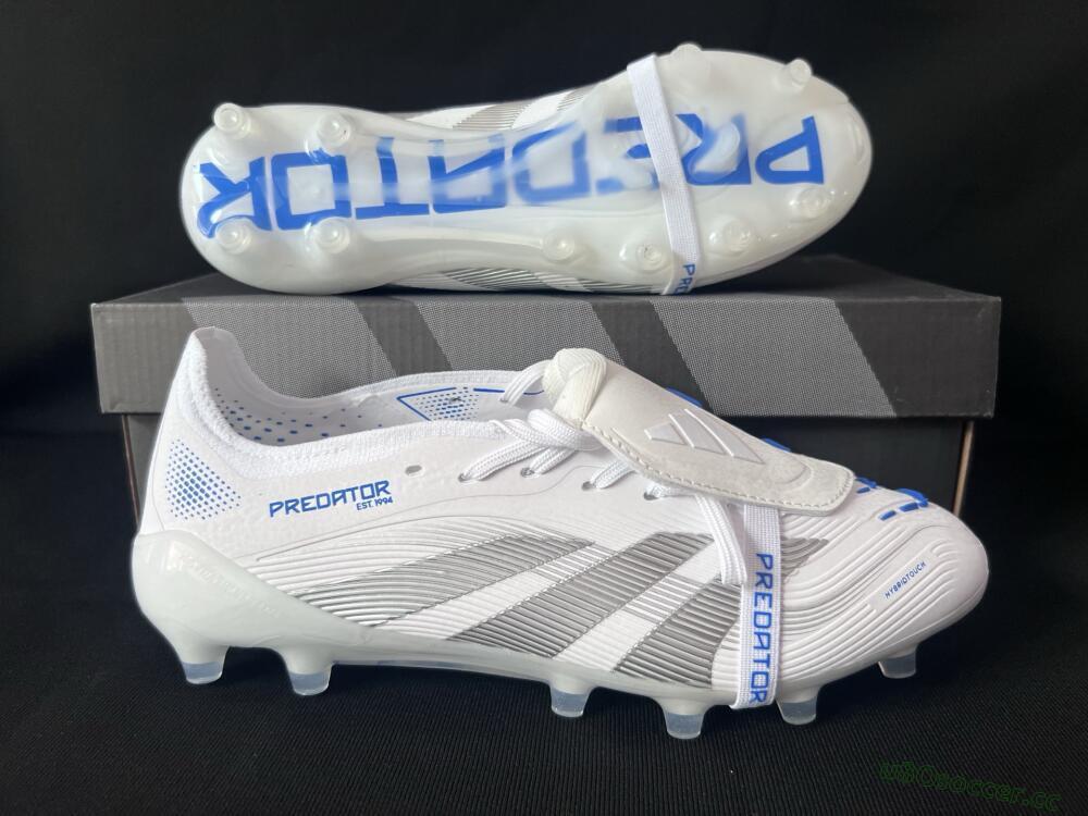 Men's Adidas Predator 25 Foldover Tongue FG Firm Ground Low-Tops Football Boots - White/Silver/Blue