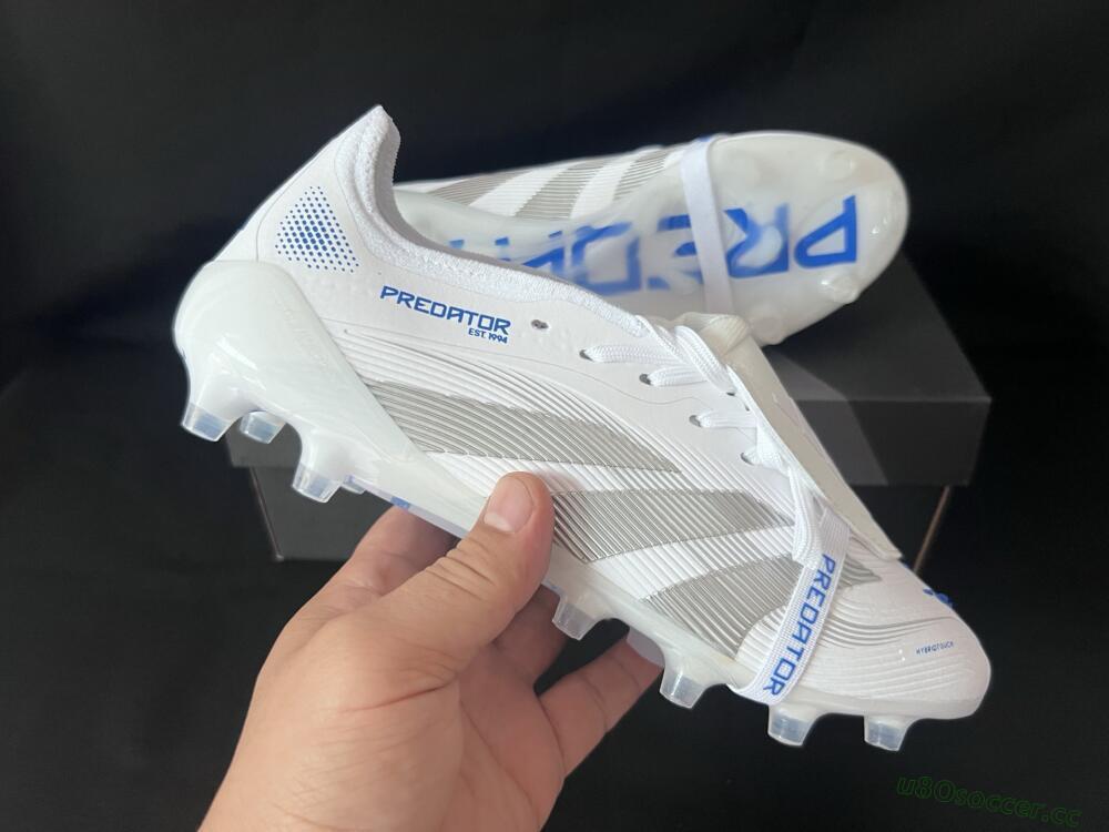 Men's Adidas Predator 25 Foldover Tongue FG Firm Ground Low-Tops Football Boots - White/Silver/Blue