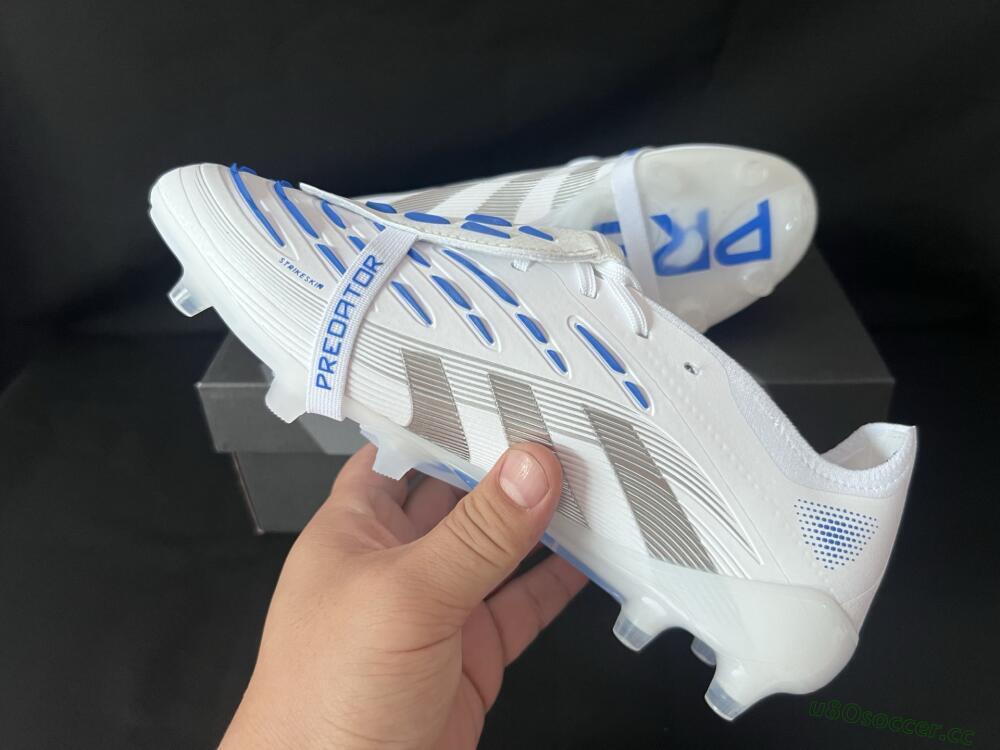 Men's Adidas Predator 25 Foldover Tongue FG Firm Ground Low-Tops Football Boots - White/Silver/Blue