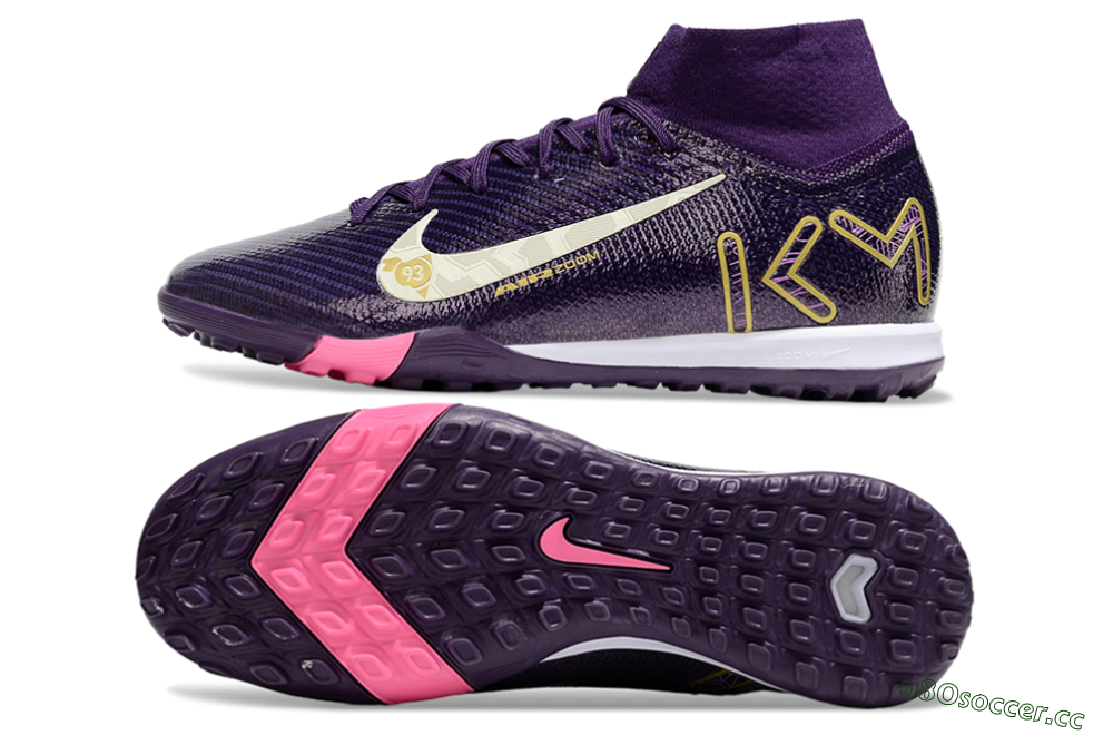 Kids Nike Air Zoom Mercurial Superfly 10 Elite TF Artificial Turf High-Tops Football Shoes - Purple/White/Gold 1