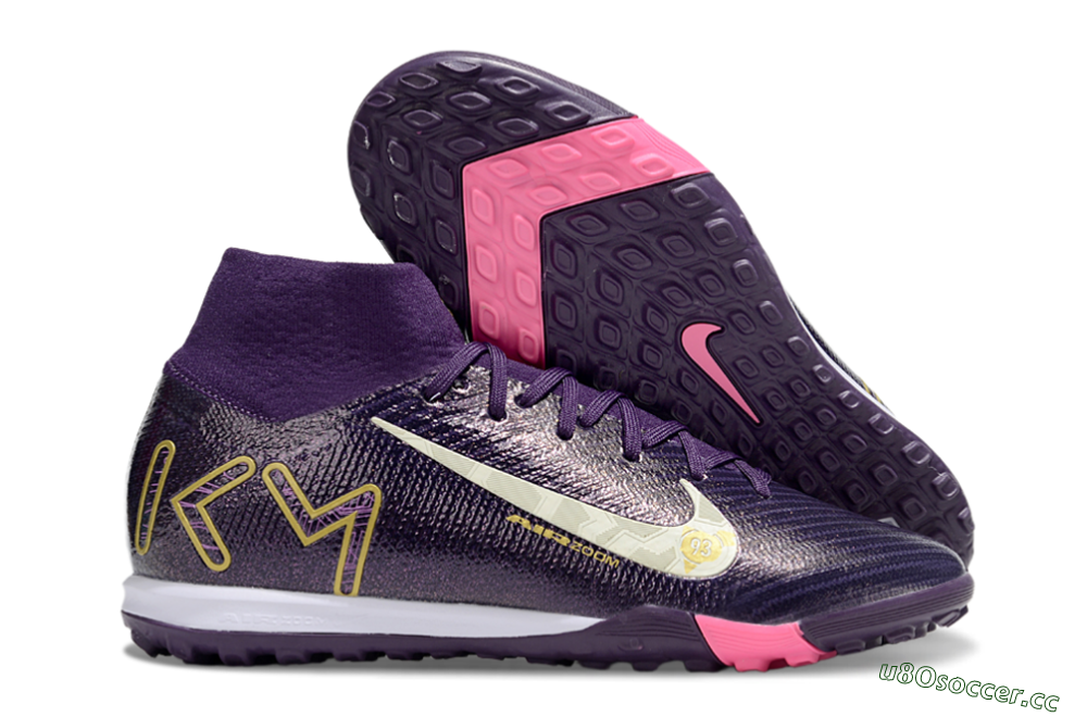 Kids Nike Air Zoom Mercurial Superfly 10 Elite TF Artificial Turf High-Tops Football Shoes - Purple/White/Gold 2