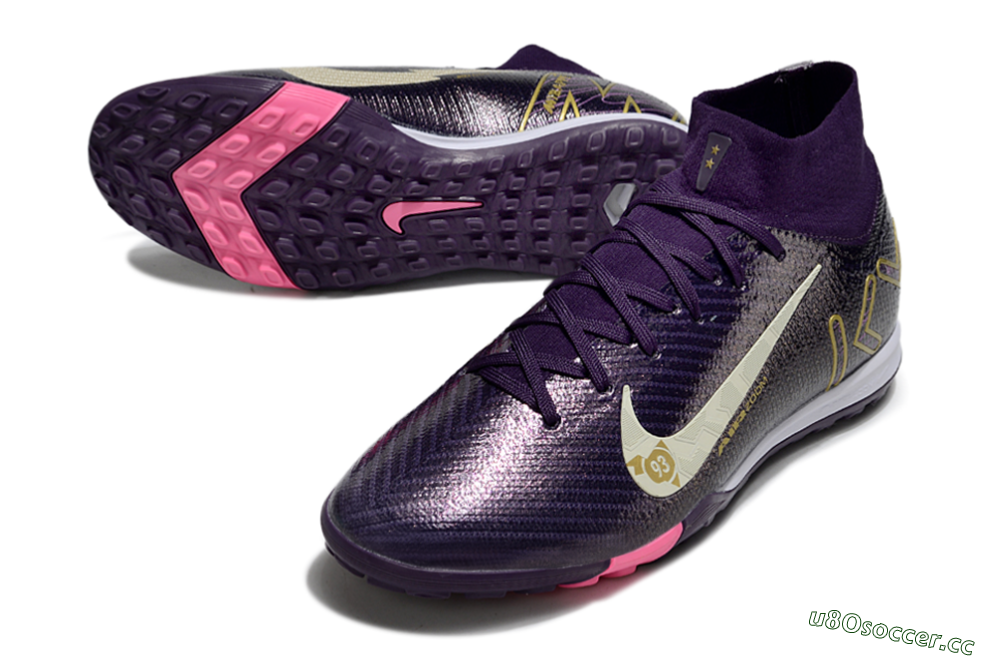 Kids Nike Air Zoom Mercurial Superfly 10 Elite TF Artificial Turf High-Tops Football Shoes - Purple/White/Gold 3