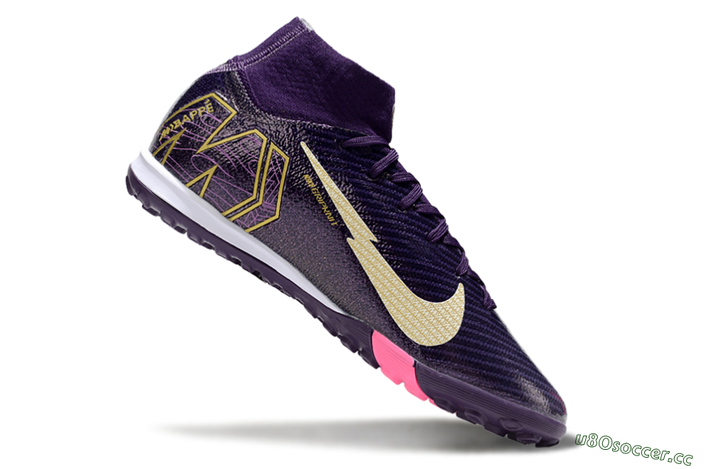 Kids Nike Air Zoom Mercurial Superfly 10 Elite TF Artificial Turf High-Tops Football Shoes - Purple/White/Gold 4