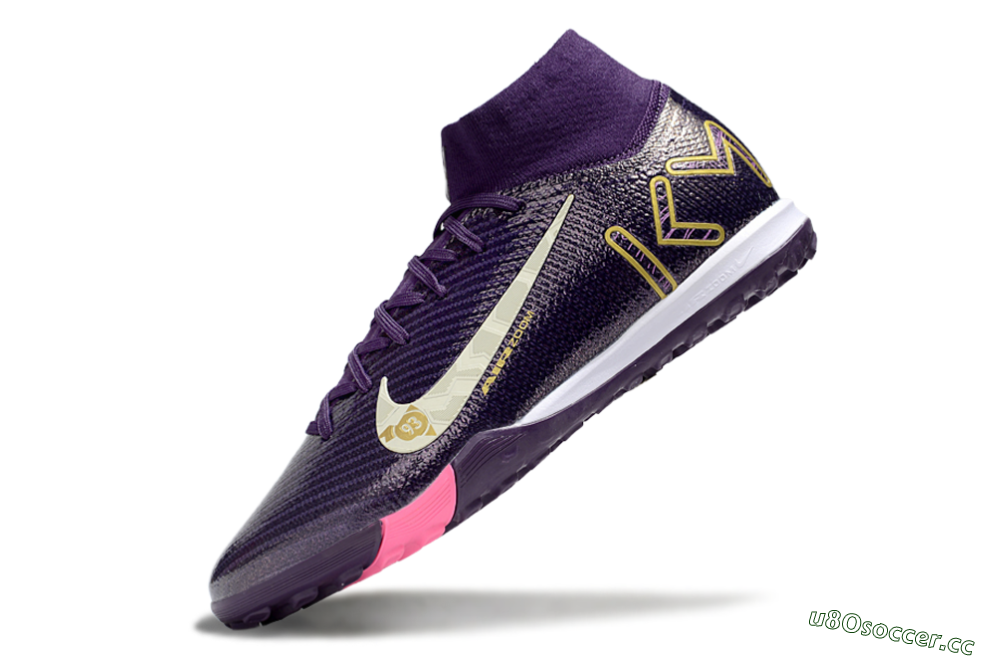 Kids Nike Air Zoom Mercurial Superfly 10 Elite TF Artificial Turf High-Tops Football Shoes - Purple/White/Gold 5