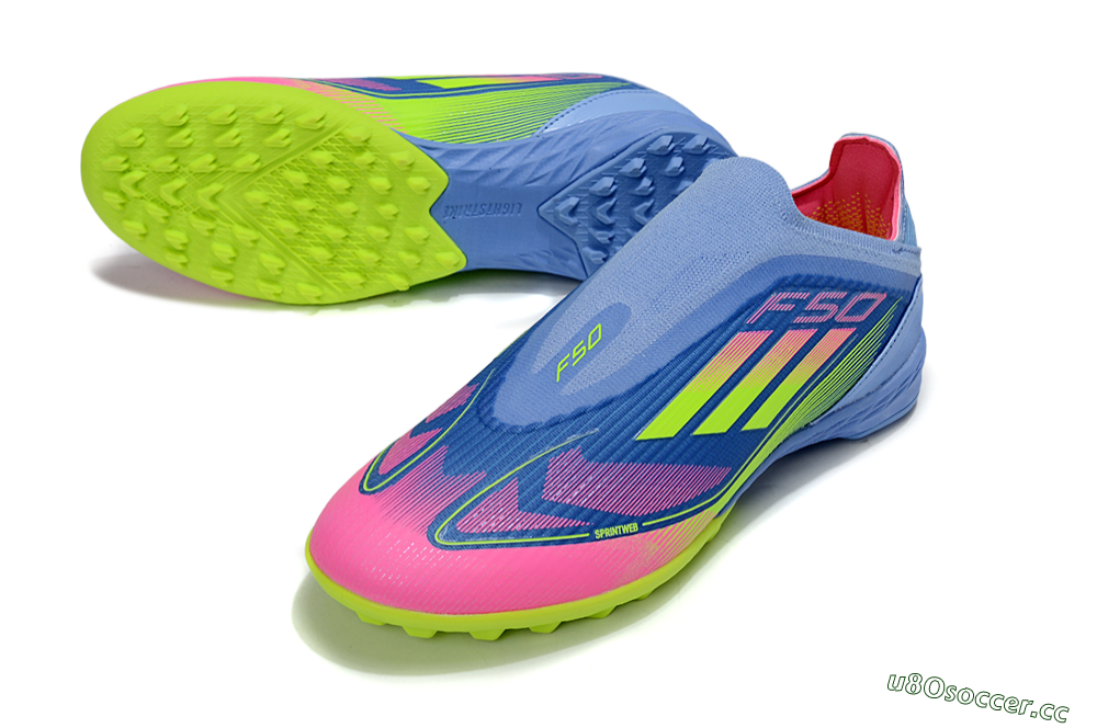 Unisex Adidas F50 Elite Laceless TF Artificial Turf Low-Tops Football Shoes - Blue/Pink/Yellow 3