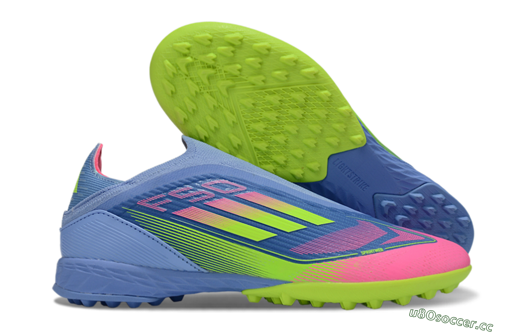 Unisex Adidas F50 Elite Laceless TF Artificial Turf Low-Tops Football Shoes - Blue/Pink/Yellow 2
