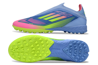 Unisex Adidas F50 Elite Laceless TF Artificial Turf Low-Tops Football Shoes - Blue/Pink/Yellow