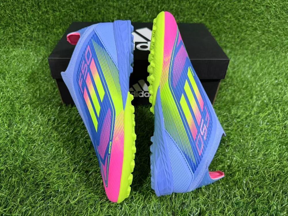 Unisex Adidas F50 Elite Laceless TF Artificial Turf Low-Tops Football Shoes - Blue/Pink/Yellow